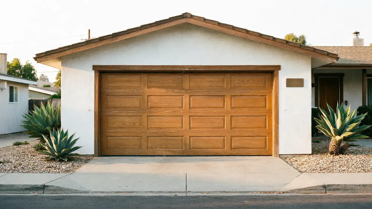 Installer on a stepladder mounting garage door track inside a new garage