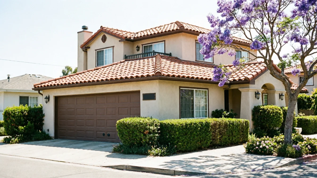 A two-story house with a brown garage door and a purple flowering tree.
