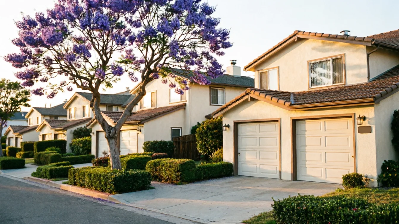 A row of houses with attached garages and a purple flowering tree.