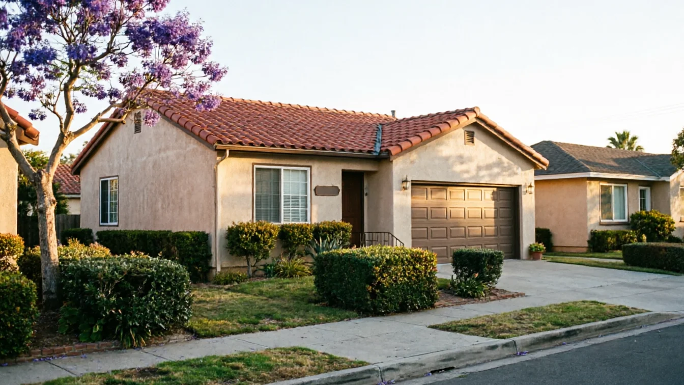 A beige house with a brown garage door and a red tile roof.