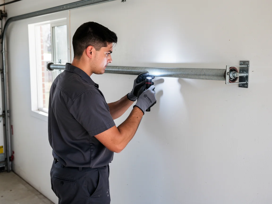 A technician shines a flashlight on a garage door torsion spring.