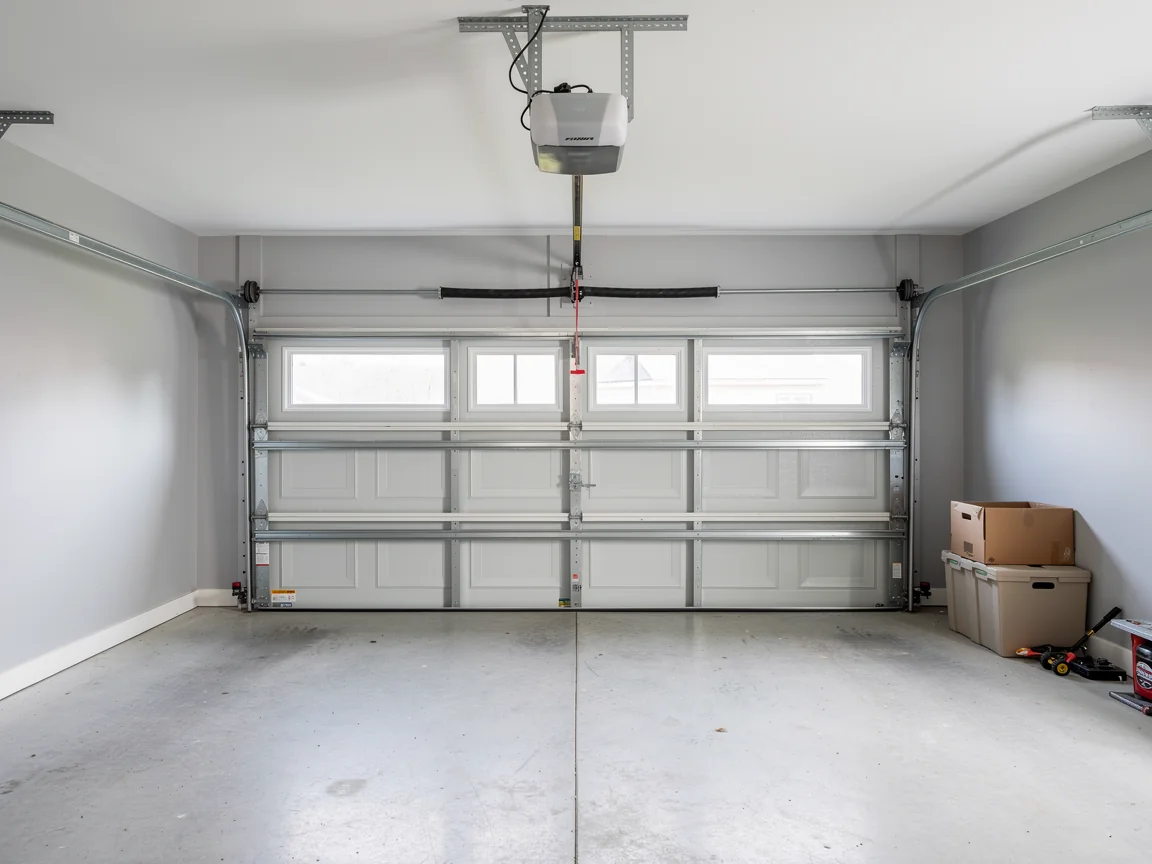 A white garage door with windows is closed in a clean garage.