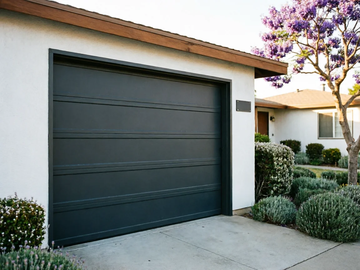 A dark gray garage door on a white house with landscaping.