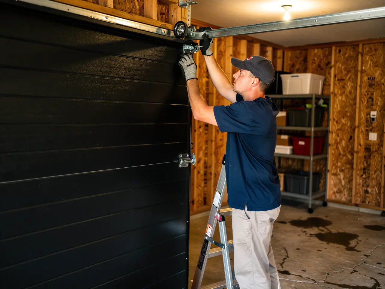 A technician on a ladder works on the top of a black garage door.